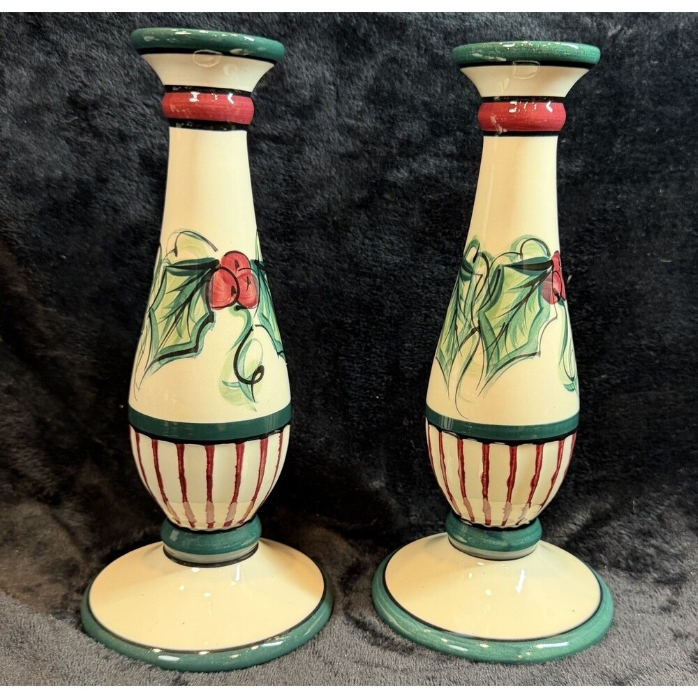 Gail Pittman Hollylujah Candlestick Pair Vtg 1995 Candle Holders Hand Painted 9”